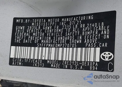 2021 Toyota Corolla Xle из США, поврежденный, VIN 5YFFPMAE0MP270705